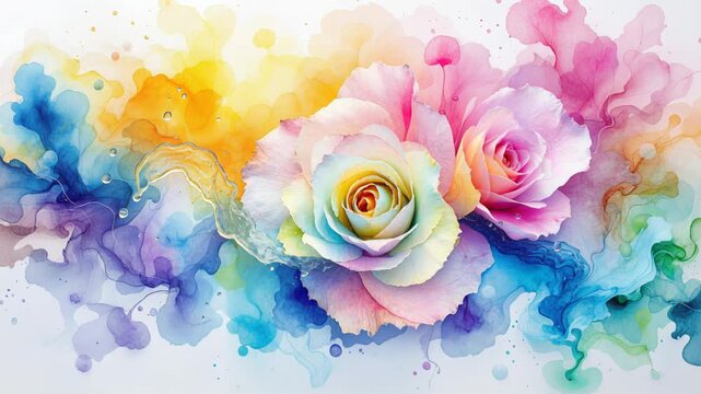 Delicate pastel roses blooming and dissolving into abstract, vibrant watercolor ink on a white background