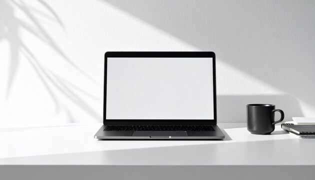 Minimalist workspace with laptop coffee and notebook, clean aesthetic background, realistic shadows, productivity concept, ultra realistic