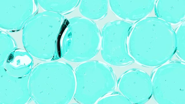 Abstract blue cosmetic gel bubbles texture with transparent liquid spheres. Skincare serum background with collagen essence, aqua fluid, glossy molecular pattern and clean beauty concept.