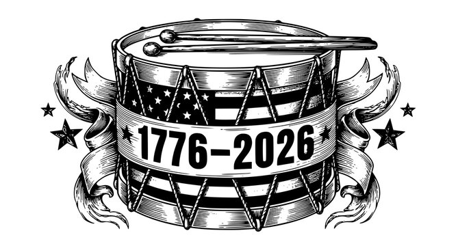 American drum with sticks and ribbons 1776-2026 commemoration