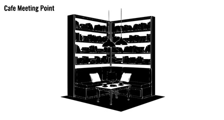 Cozy cafe booth with bookshelves and coffee table, black and white © Kapilbiswas