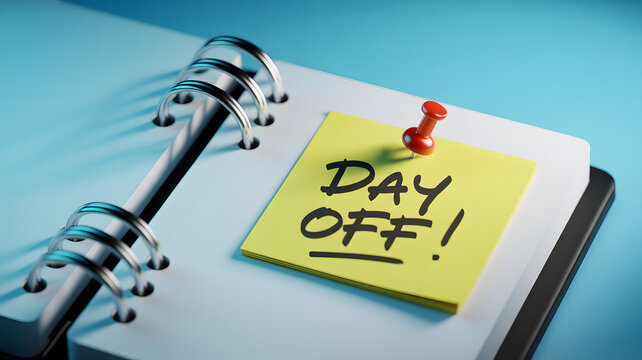 A yellow sticky note on a planner reads Day Off with a red push pin