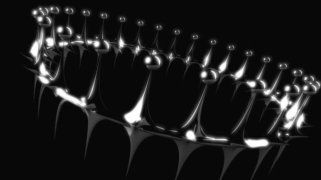 Crown close up with glowing metallic spheres and sharp spikes showing intricate chrome details in a cinematic wide shot