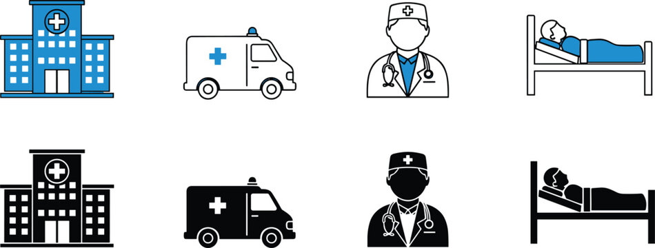Medical and Healthcare Icon Set - Hospital, Ambulance, and Doctor Icons
