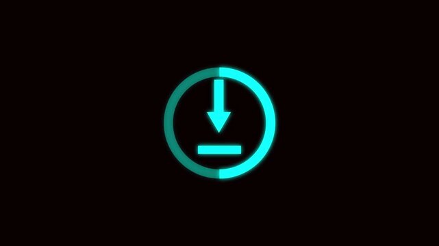 Animated neon blue download icon with progress circle rotating on black background, representing data transfer and digital loading process
