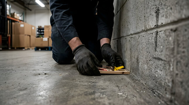 Setting a mouse trap, a worker meticulously places a traditional snap trap in a commercial setting, ready for rodent control.