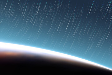 Planet with bright glow in blue space. Earth horizon and star trails © arvitalya