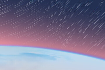 Blue planet outline in red blue space. Earth horizon and star trails © arvitalya