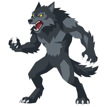 Cartoon werewolf character in aggressive pose with glowing eyes sharp teeth beast mode wild animal