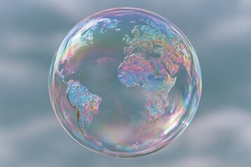 Fototapeta premium Fragile World concept, soap bubble as Planet Earth, iridescent continents on translucent sphere