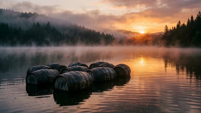 wooden wine barrels floating on morning fog lake
