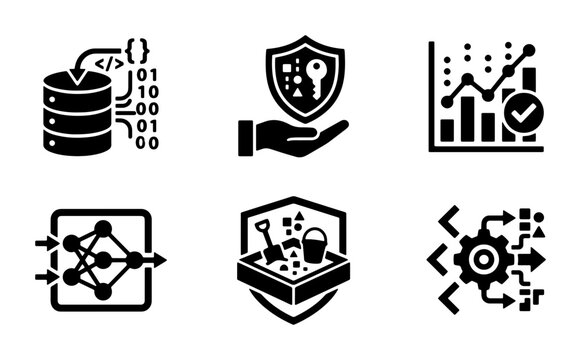 Data Security and AI Icons: Database, Shield, Analytics, Neural Network, Sandbox, Workflow Automation