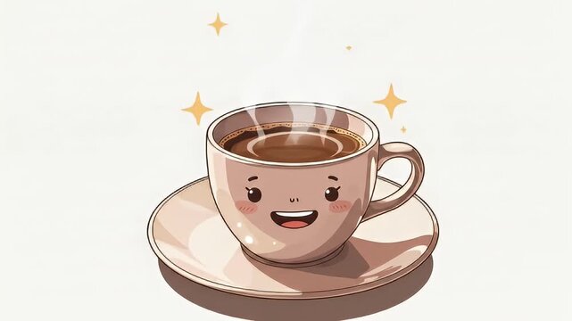 Cartoon coffee cup with a cute smile and a hint of steam on a light background