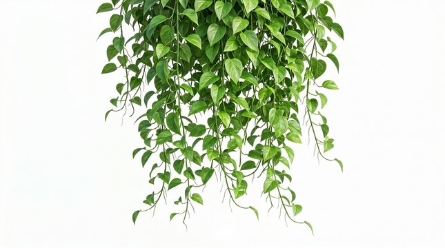 Lush Green Hanging Pothos Plant Cascading Leaves Isolated on White Background, Vibrant Houseplant Foliage
