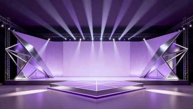 Empty stage with geometric structures and lighting