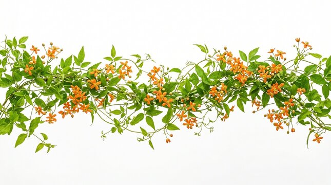 Lush green vine adorned with vibrant orange flowers, gracefully arranged as a decorative border against a pristine white background, perfect for spring and summer themes