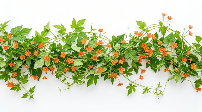 Delicate green vine with small orange flowers cascading across a white background, celebrating nature's beauty and floral charm