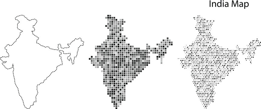 A set of three different styled maps of india in black and white