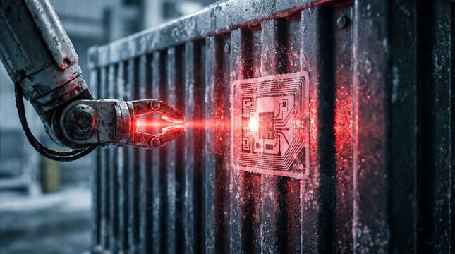 Robotic Arm Scanning RFID Tag on Industrial Shipping Container