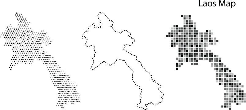 A pixelated map of laos in various styles on a with a title