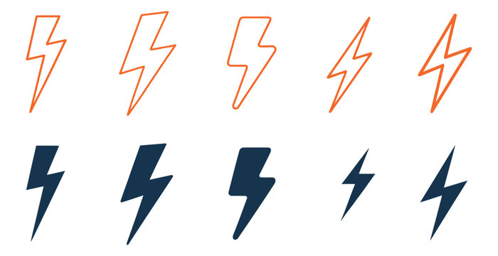 Lightning bolt and thunder icon set for electric energy symbol, power storm flash, electricity concept, and dynamic weather force