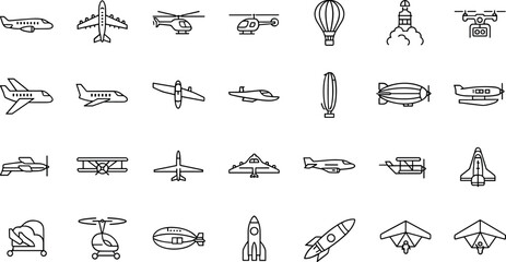 Aviation Transport Icon Set With Airplanes Helicopters Rockets Drones Balloons And Aircraft Line Vector Illustration © AFSANA