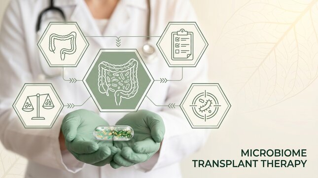 Microbiome Transplant Therapy Capsule Held by Doctor with Gut Health Infographic