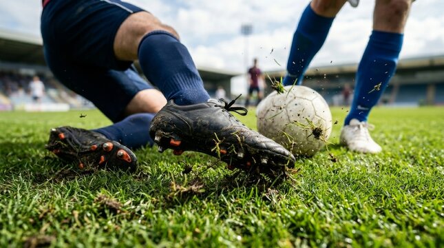 Low angle view of soccer players during a match.