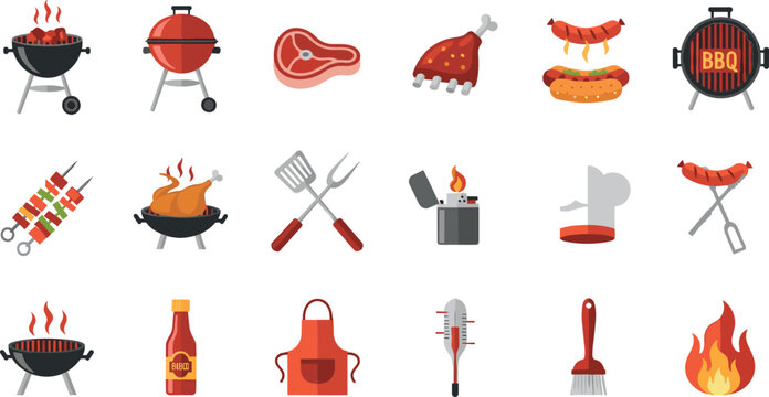 Barbecue grill icon set with meat sausage skewers apron fire and cooking tools in flat vector style'