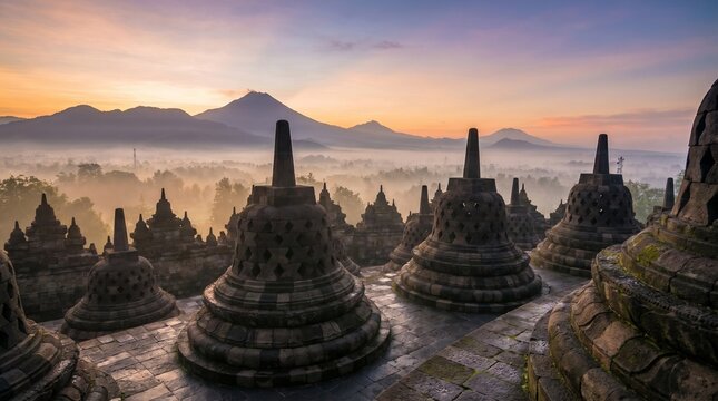 Borobudur Temple Stupas at Sunrise with Misty Mountain Landscape