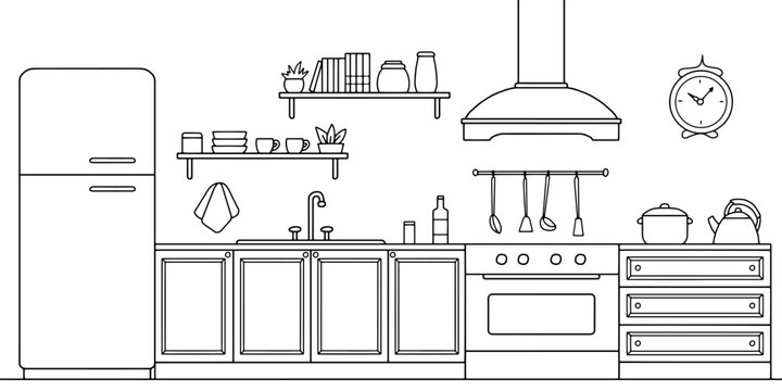 Retro kitchen room graphic black white home interior sketch illustration vector