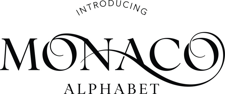 Monaco alphabet lettering with elegant swirls and decorative typography on a white background