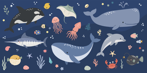 Large collection of marine animals including whales orca dolphin shark jellyfish and stingray swimming with coral and shells on dark blue background for ocean themed wallpaper projects © Jennie