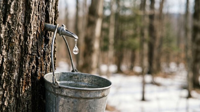 Fresh maple sap dripping from a metal spout into a bucket in spring