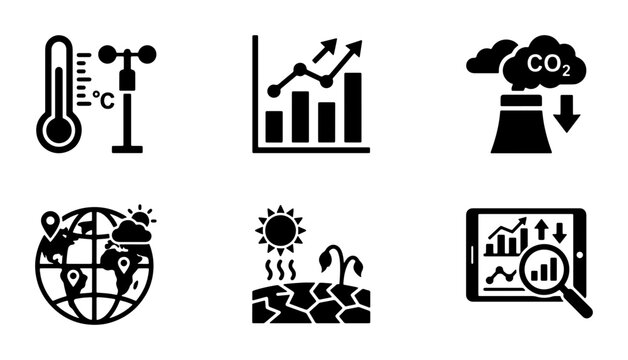Climate Change Icons: Global Warming, Weather Data, CO2 Emissions, Drought, Economic Growth, Technology Analysis