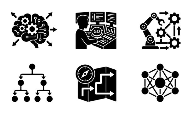 Artificial Intelligence and Machine Learning Icons: Brain, Robot Arm, Network, Flowchart, Strategy Map, Data Analysis