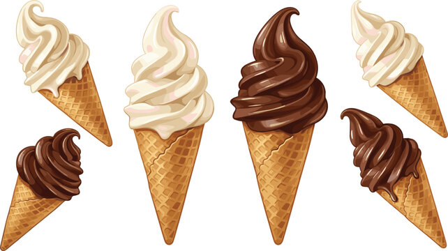 Realistic soft serve ice cream vector set with chocolate vanilla wafer cone dessert icons