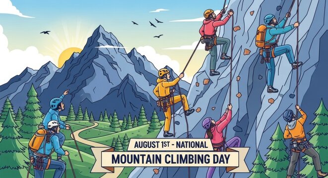 Mountain climbers on rocky cliff, national mountain climbing day