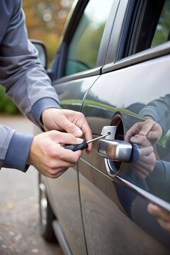 Person Opening Car Door With Lockpicker