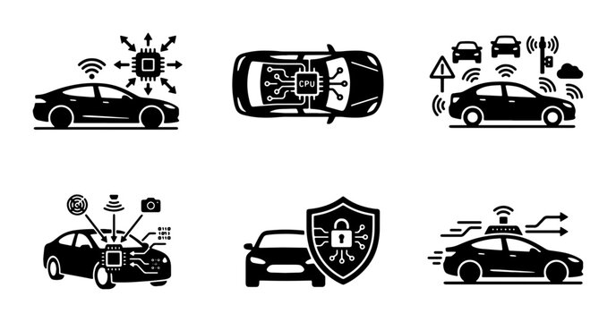 Autonomous Car Technology Icons, Smart Vehicle Systems, AI Driving Concepts, Connected Automotive Features, Digital Transport Solutions, 6 Vector Elements