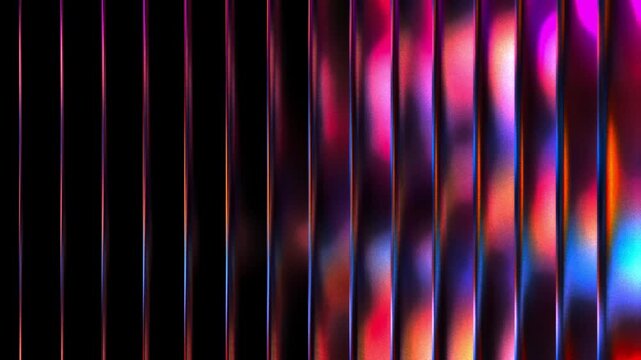 Metallic vertical columns reflecting soft neon orbs of light in a dark space creating a professional and sophisticated technology background