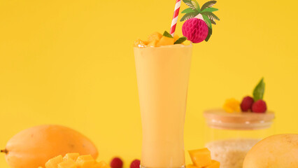 Tropical Mango Smoothie with Fruit Garnish on Bright Yellow Background © blueringmedia