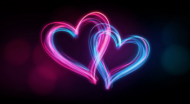 abstract glowing neon hearts background for valentine's day celebration, with pink and blue lights forming heart shapes on a black backdrop. vector illustration of two transparent, shiny hearts in a l