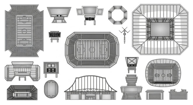 Collection of stadium architectural wireframe drawings and blueprints.