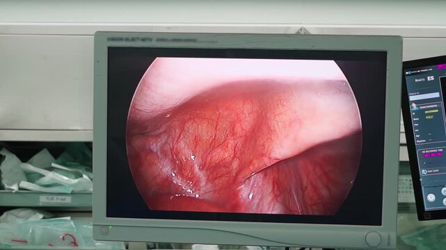 Laparoscopic cholecystectomy instrument in video on screen. The surgeon's doing laparoscopic gastric sleeve surgery