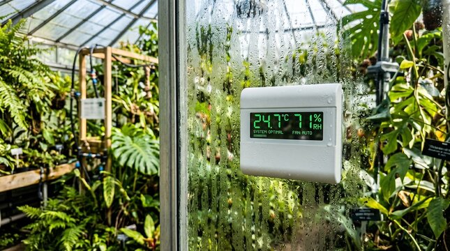 Digital Hygrometer on Humid Greenhouse Glass with Tropical Plants