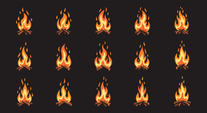 Sprite sheet sequence showing different frames of a burning campfire for video game animation and 2d pixel art visual effect projects.