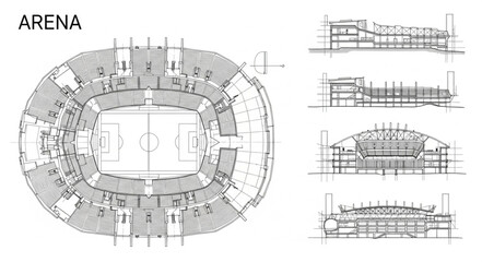 Architectural drawing of a sports arena with seating and field. © Ho