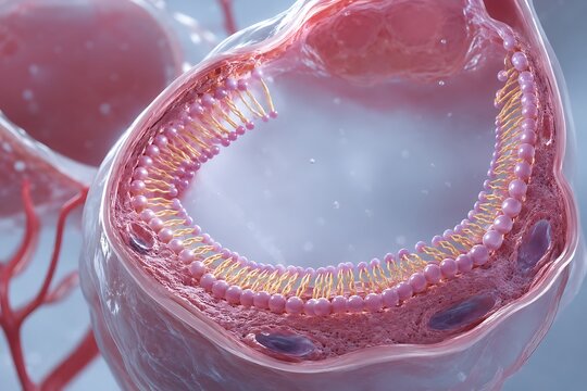 3D rendering of a microscopic cell membrane structure with lipid bilayer, human biology science background