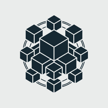 Fragmenting cube with interconnected modules &ndash; Perfect for data expansion, blockchain blocks, or systematic growth themes.